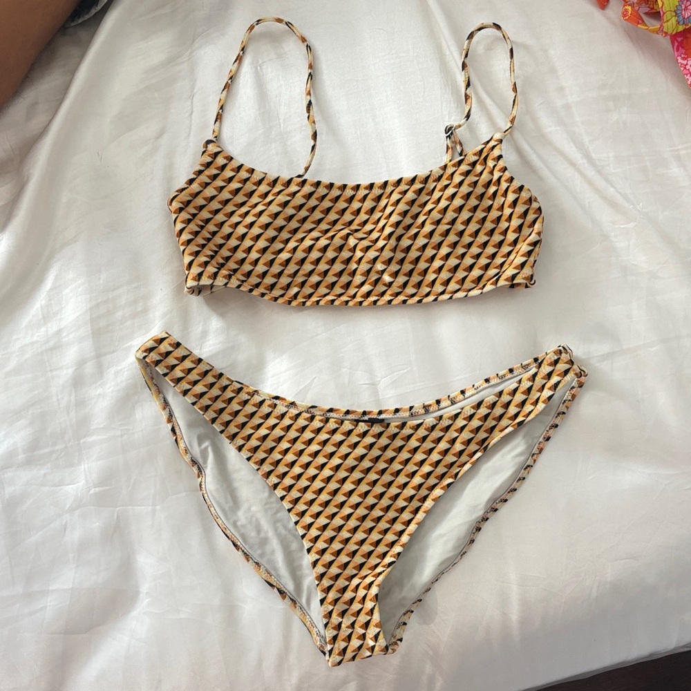 Triangl Swimwear Geometric Bikini in Black and Tan Small Top, Large Bottoms